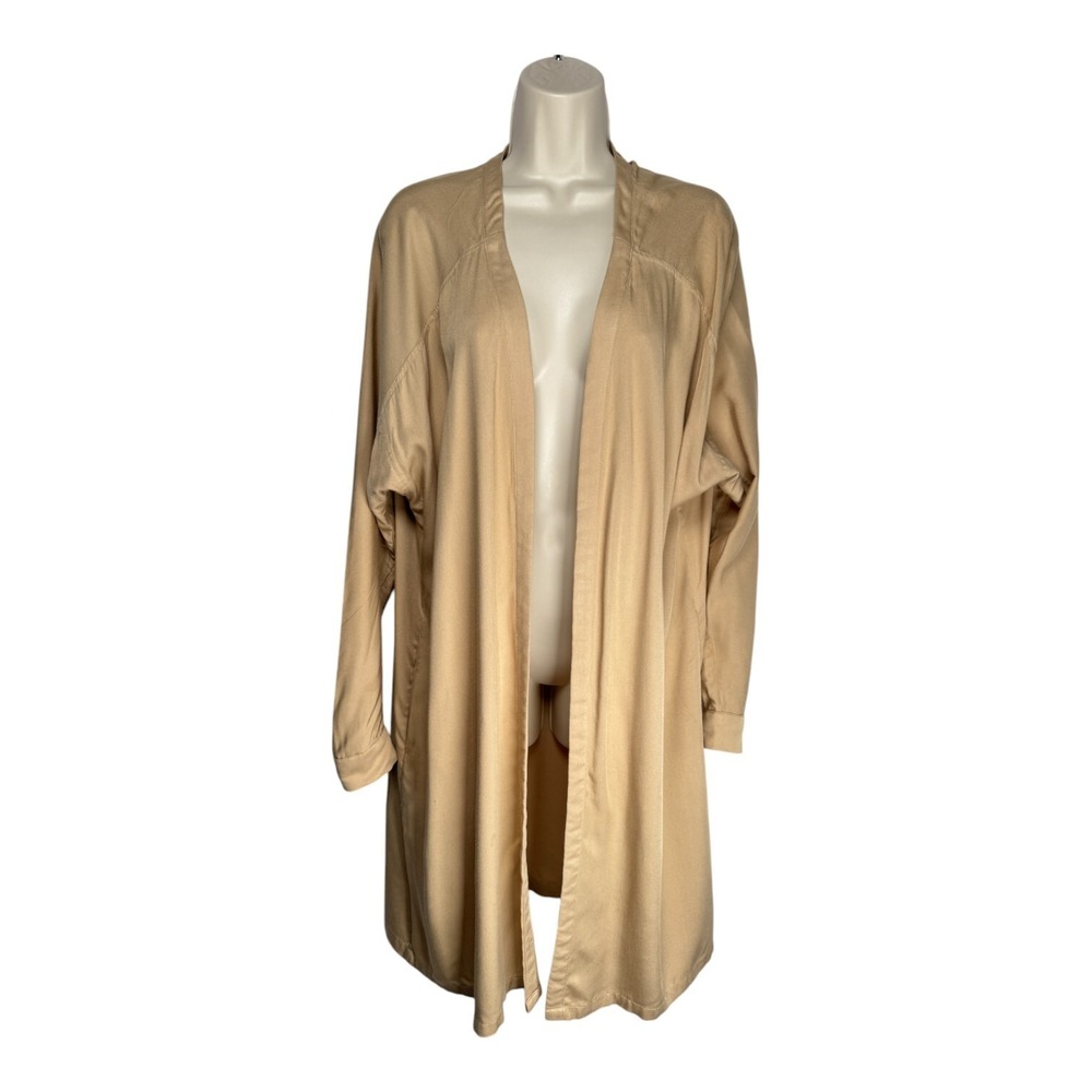 All Row Long Line Cardigan Womens Large Khaki Open Front Jacket Top‎ Pockets